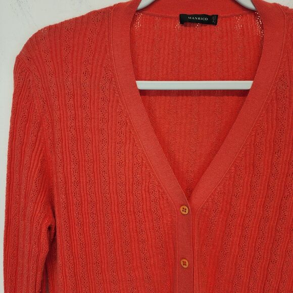 Manrico Italian Cashmere Pink Cardigan Size L Pointelle Knit V-neck Quiet Luxury - Picture 3 of 12